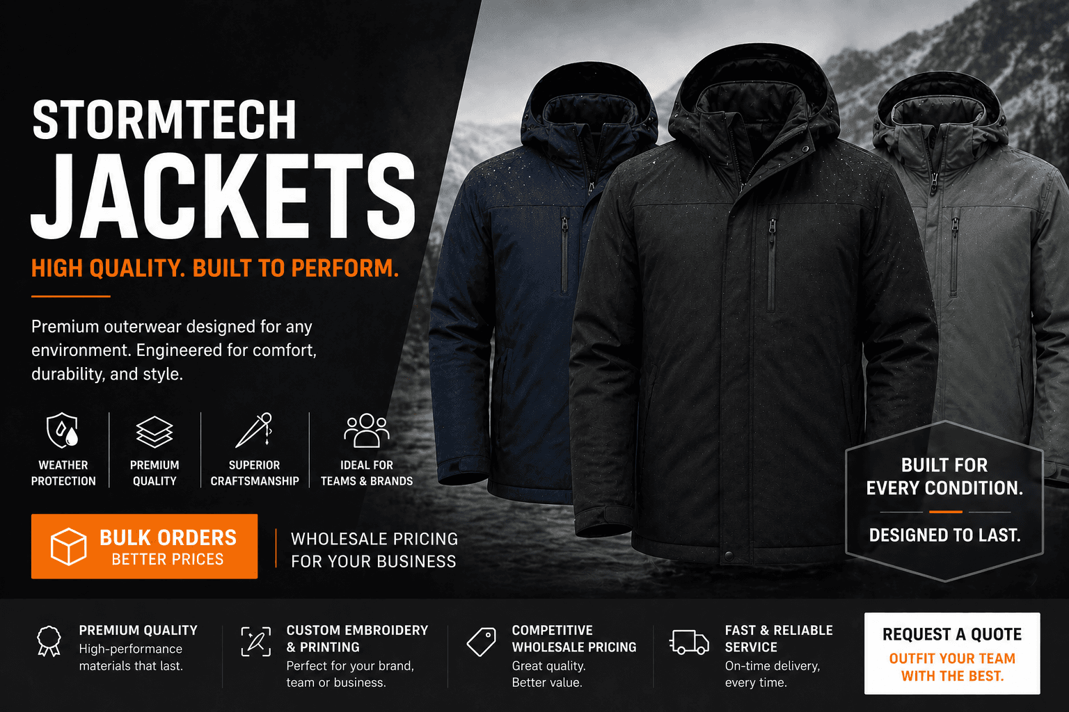 Stormtech jackets — premium outerwear built for every condition. Wholesale pricing.